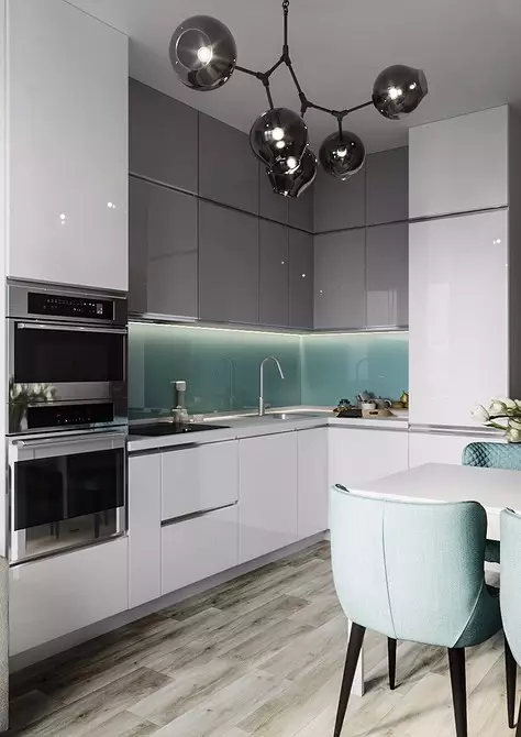 چگونه برای ایجاد یک طراحی آشپزخانه روشن از رنگ فیروزه ای و جلوگیری از خطاها؟ 8228_46