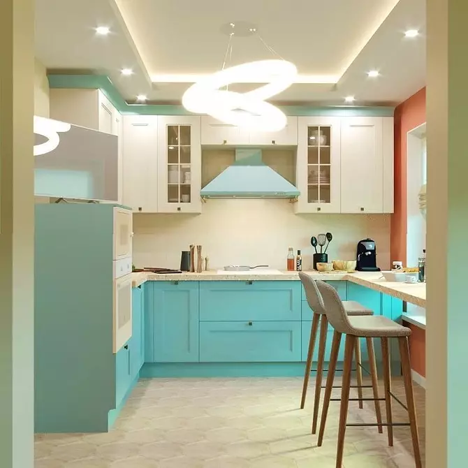 چگونه برای ایجاد یک طراحی آشپزخانه روشن از رنگ فیروزه ای و جلوگیری از خطاها؟ 8228_59