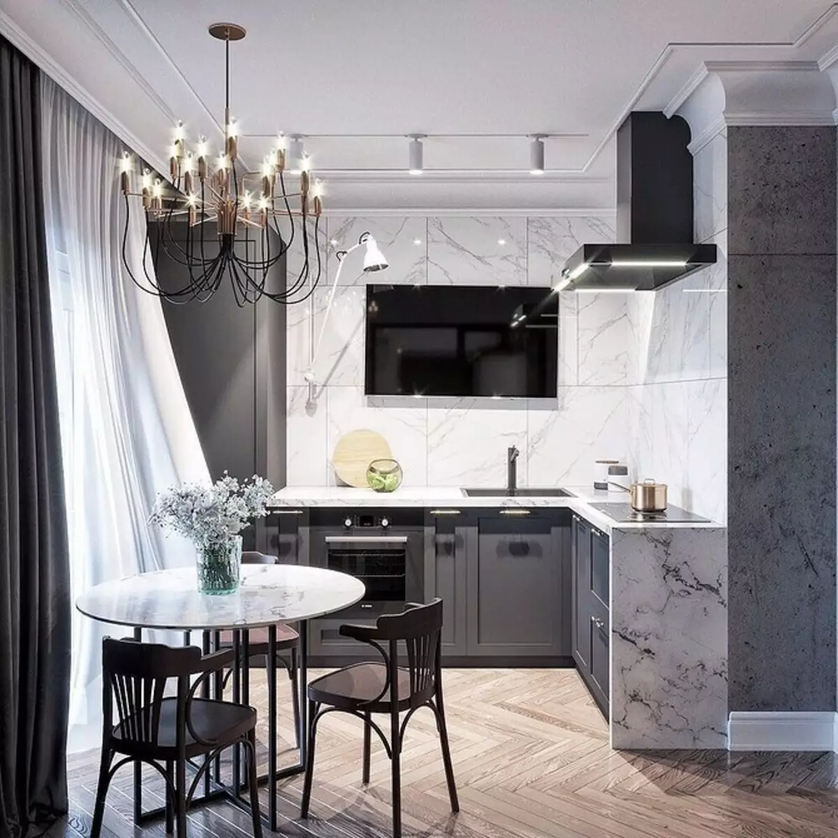 سیاہ اور سفید باورچی خانے کے ڈیزائن: 80 متضاد اور بہت سجیلا خیالات 8339_163