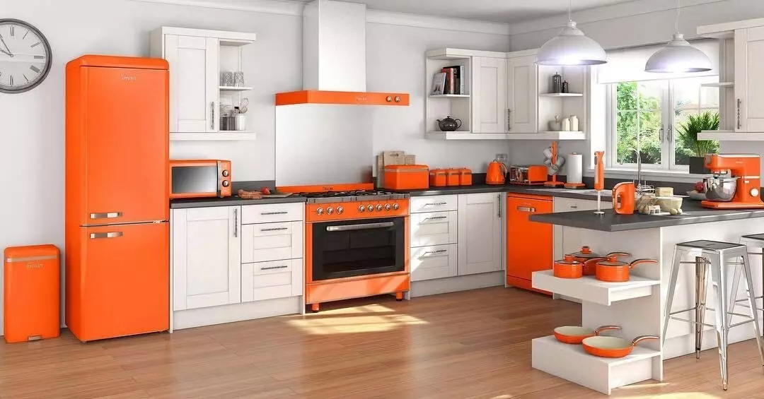 Kuzhinë portokalli në brendësi: Ne çmontojmë pro, kundër dhe kombinime të suksesshme të ngjyrave 8372_28