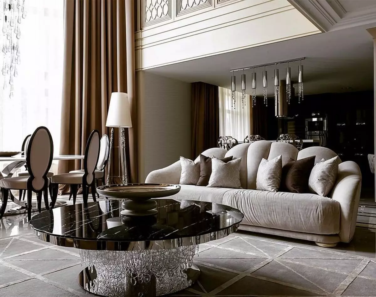 Razvijamo obliko dnevne sobe v umetnosti Nouveau Style: 76 Luksuzni primeri 8408_152