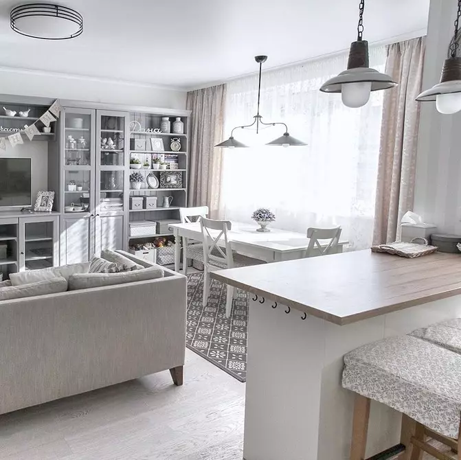 Hoe het interieur van de keuken, eetkamer en woonkamer correct te combineren: tips en visuele voorbeelden 8910_125