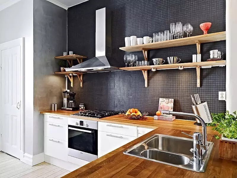 طراحی آشپزخانه بدون کابینت بالا: جوانب مثبت، منفی و 45 عکس برای الهام 8978_56