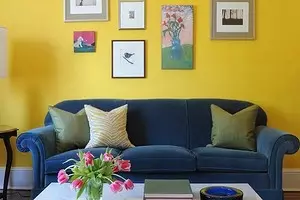 Kuning ing njero interior: 5 cara nggunakake warna sing cerah lan 55 conto inspirasi 9208_1
