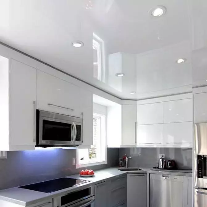 Design del soffitto elasticizzato in cucina: 40 opzioni moderne 9666_49