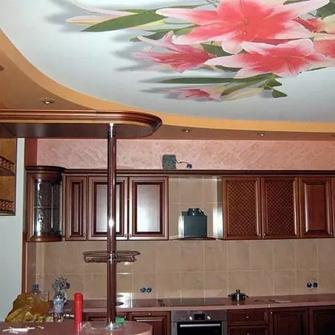 Stretch ceiling design sa kusina: 40 modernong pagpipilian 9666_80