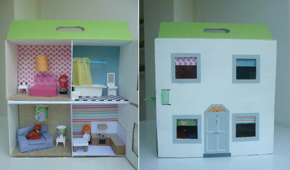 Gjør et dukkehus fra boksen med egne hender: Instruksjoner for å skape en uvanlig innredning 9712_44