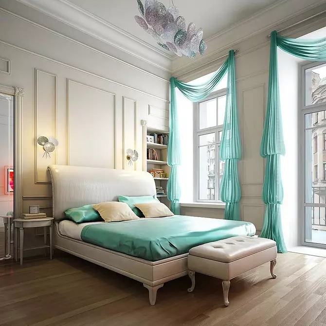 Couleur turquoise dans la chambre à coucher Intérieur: 70 idées fraîches avec photos 9773_10