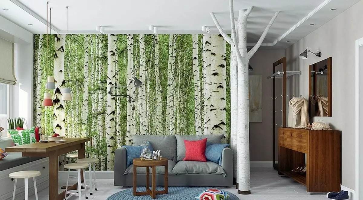 Deseño de apartamentos con énfase nunha árbore: placas no cuarto e bidueiro na sala de estar