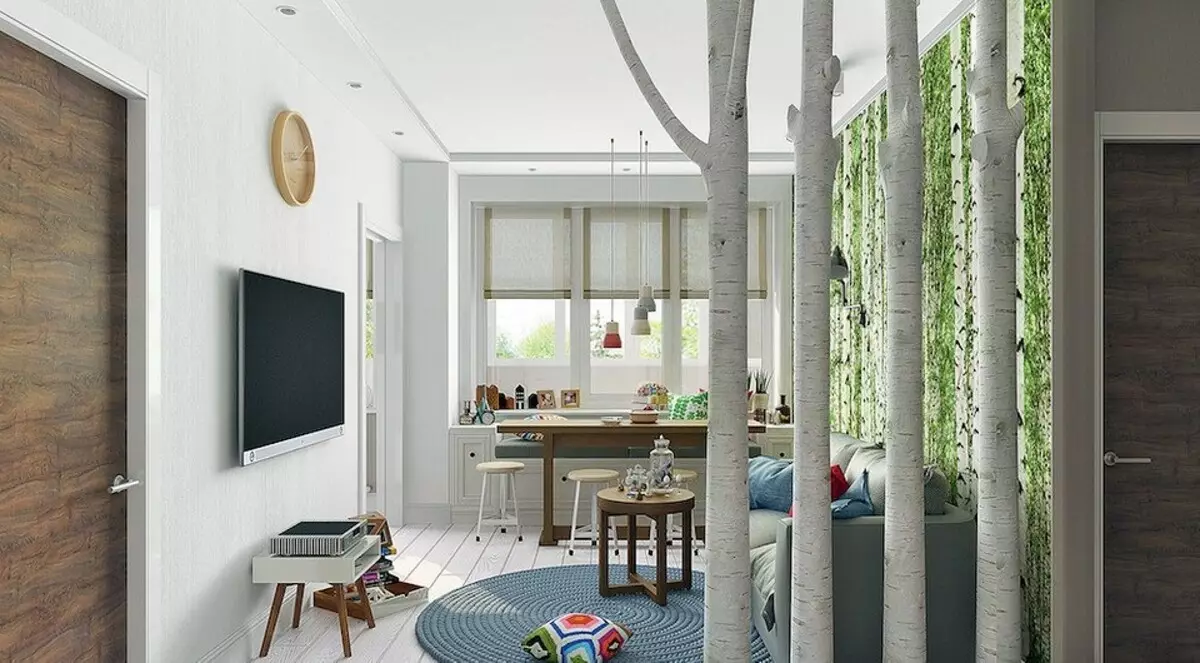 Dizajni i apartamenteve me një theks në një pemë: bordet në dhomën e gjumit dhe thupër në dhomën e ndenjes 9774_5