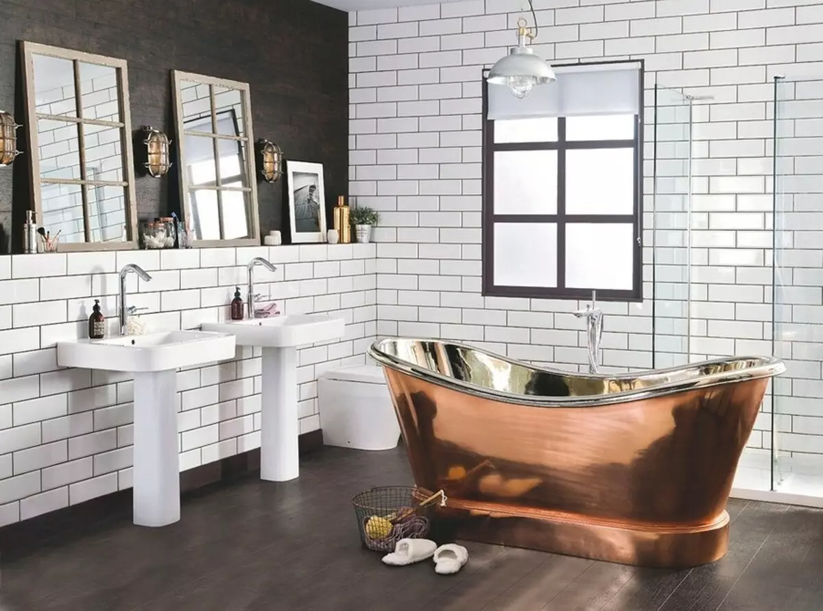 Bathroom ea Loft: Tataiso bakeng sa khetho ea lisebelisoa le lisebelisoa 9874_93