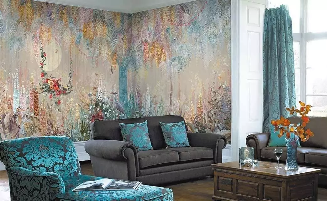 Wall mural sa living room interior: 60+ magagandang solusyon 9888_39