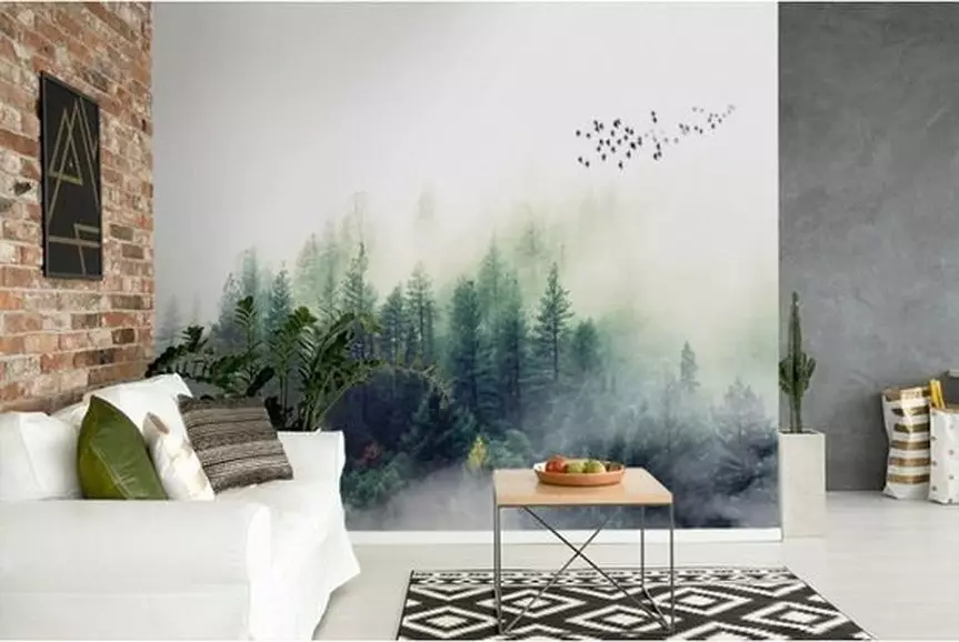 Wall mural sa living room interior: 60+ magagandang solusyon 9888_47