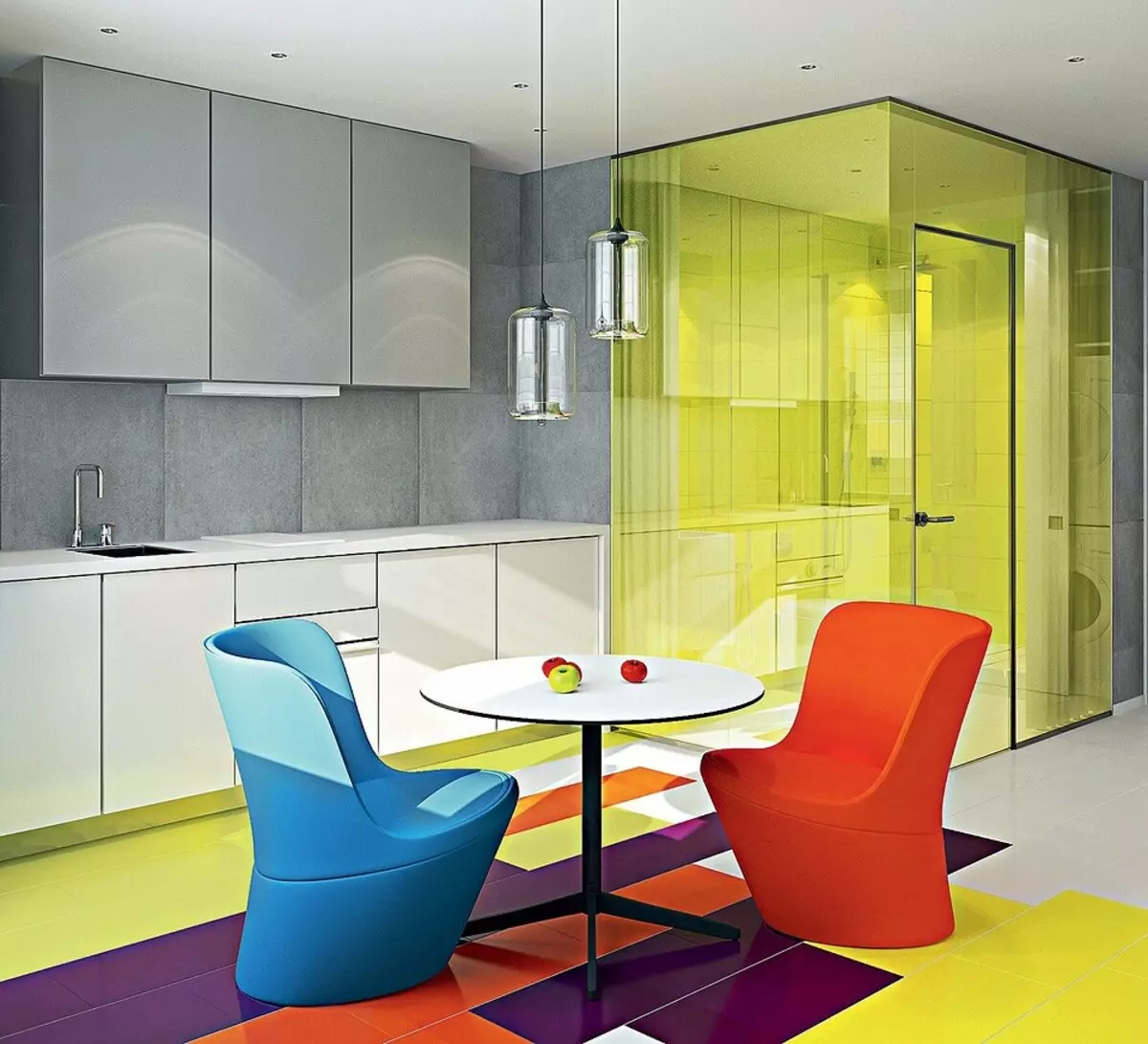 Perabot yang terang dan partition kaca: Interior minimalis dengan elemen seni pop 9981_6
